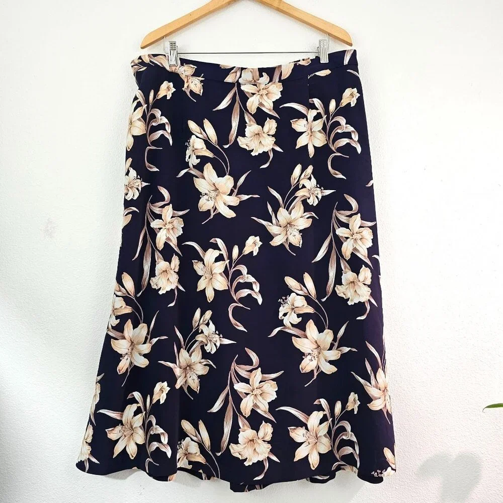 American Vintage Floral Lili Midi Skirt Sz 26W Navy Taupe Casual Work Boho Retro